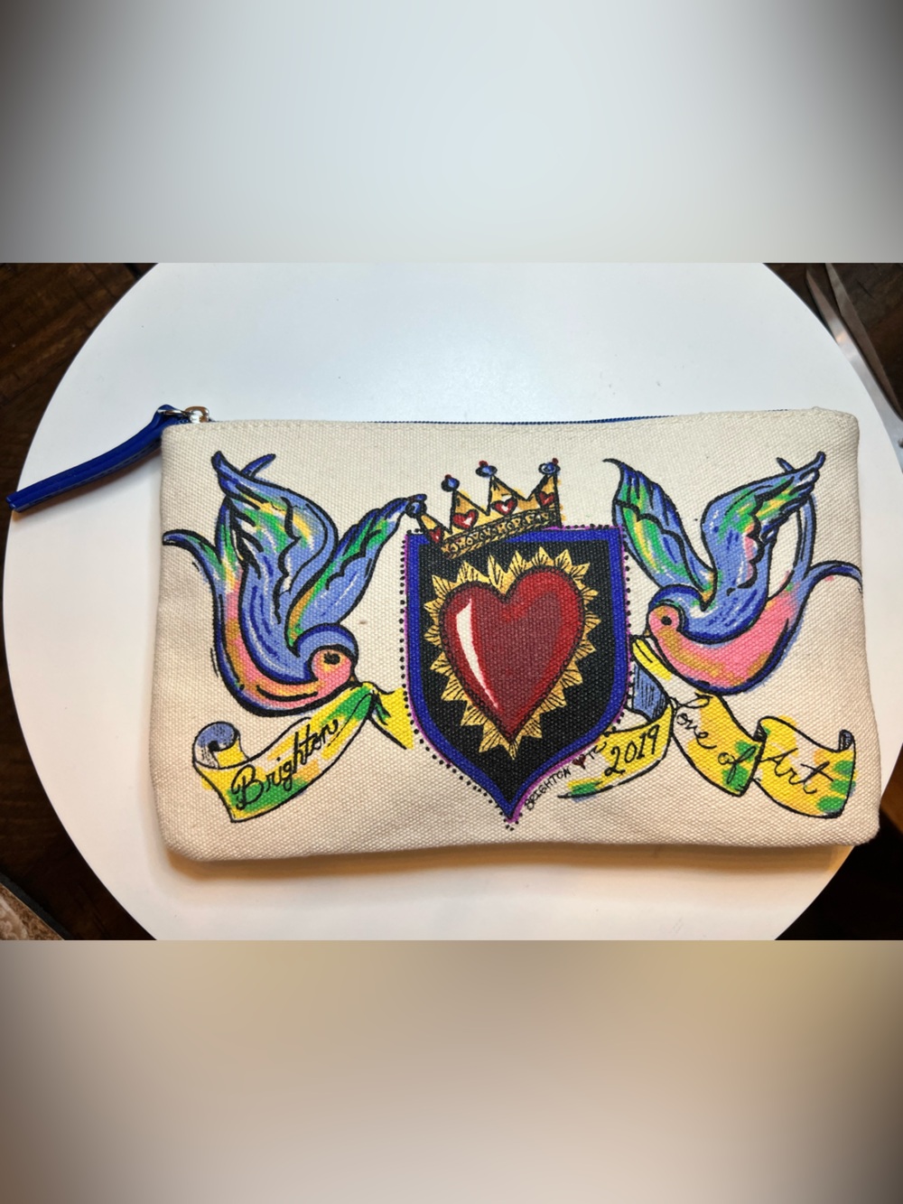 Brighton Canvas Zip Pouch with Heart Crest and Doves